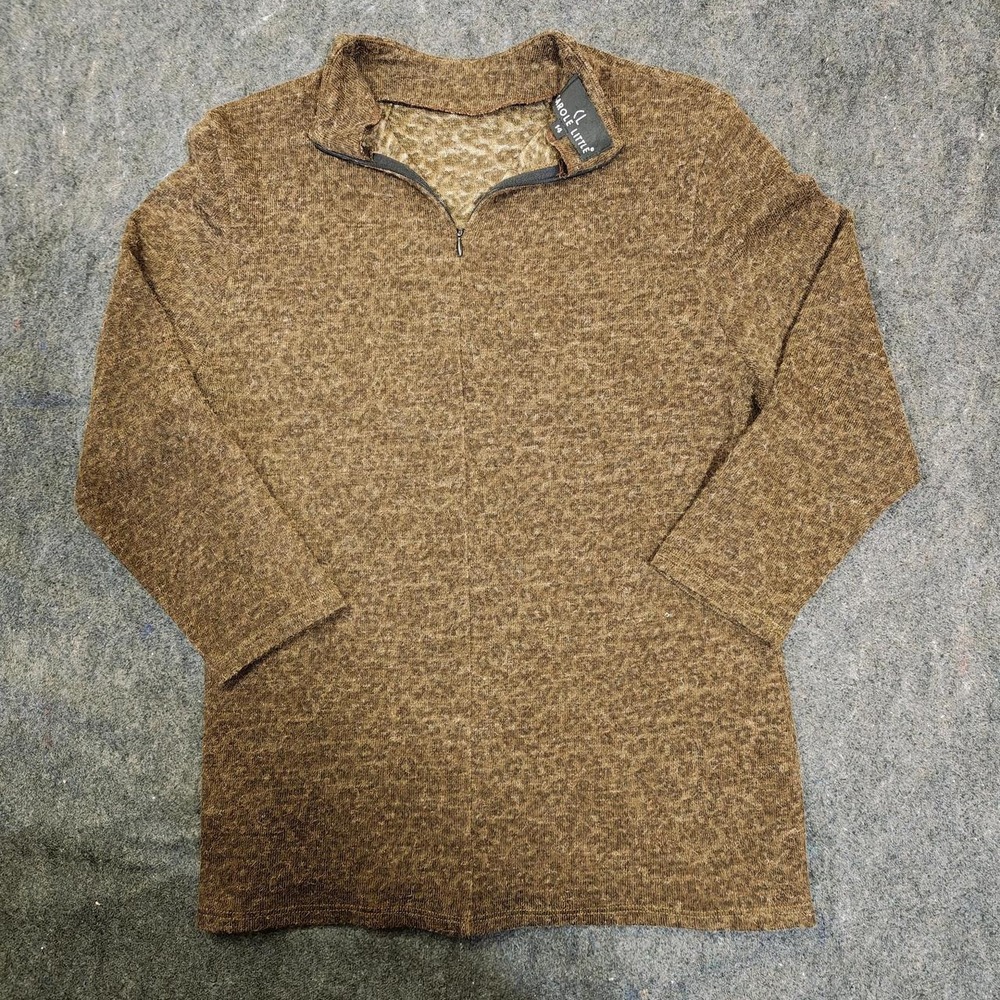 Carole Little Vintage Brown Marled Knit Mock Neck Quarter Zip Top Womens 14